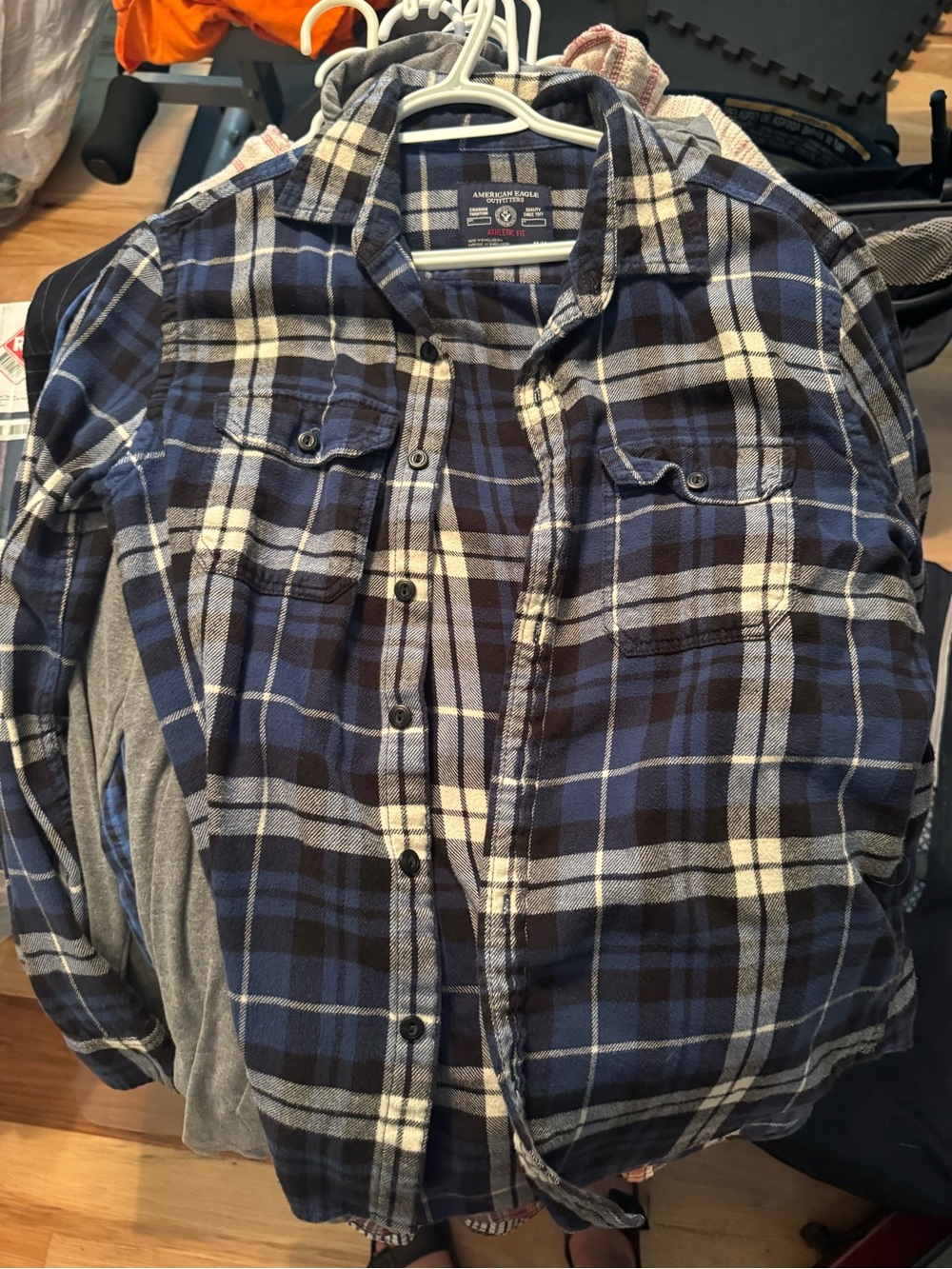 American Eagle Outfitters Navy, Black and Cream Plaid Button-Down Shirt